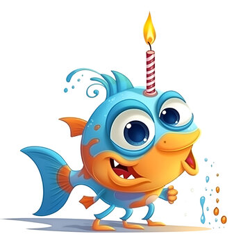 Illustration of a funny cartoon fish with a birthday candle on a white background