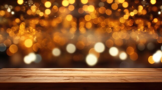 Empty wooden table top with bokeh lights on blur, abstract background