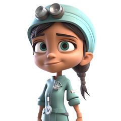 Surgeon girl with goggles and cap. 3d render. white background