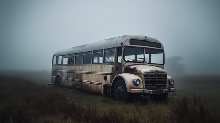 an old rusty abandoned bus stands alone in a field on a foggy day. generated ai - obrazy, fototapety, plakaty