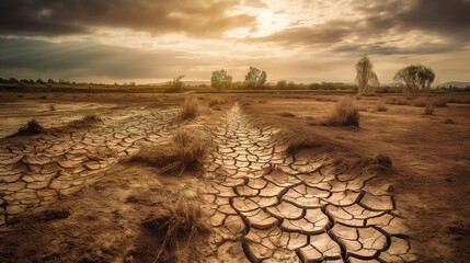 dry cracked earth, drought, cloudy day. generated ai