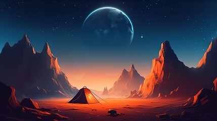 camping tent in desert rocky area on starry night with huge moon. generated ai