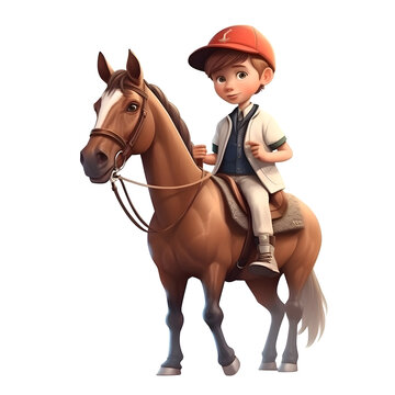 Little boy riding a horse on a white background. 3d rendering