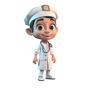 Cartoon character of nurse with cap and white coat with clipping path