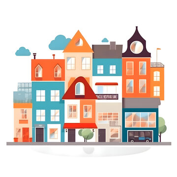 Colorful houses on the street. Vector illustration in flat style.