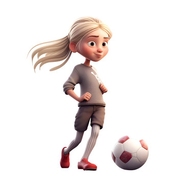 Little girl with soccer ball isolated on white background. Cartoon character.