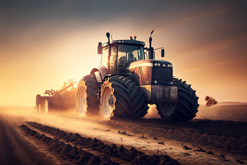 Fototapeta premium At sunset in the countryside, an agricultural machine creates certain rows of planting in cleared soil on a vast field. The tractor plows the land.Generative AI.