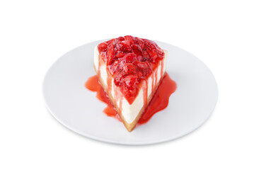 Cheesecake with strawberry sauce in a plate on a white isolated background