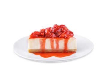 Cheesecake with strawberry sauce in a plate on a white isolated background