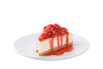 Cheesecake with strawberry sauce in a plate on a white isolated background