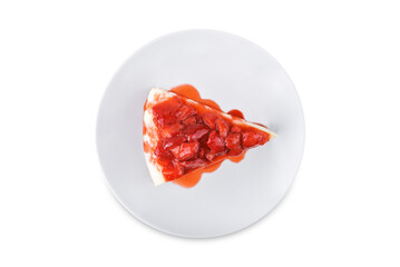 Cheesecake with strawberry sauce in a plate on a white isolated background