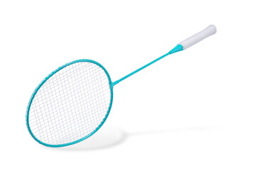 Blue racket for badminton playing on a white isolated background