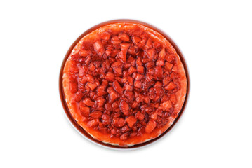 Cheesecake with strawberry sauce in a plate on a white isolated background