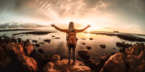 She stands confidently with a backpack, looking ahead with determination.