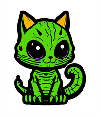 Cute space cat sticker. Alien kitten in flat cartoon style.