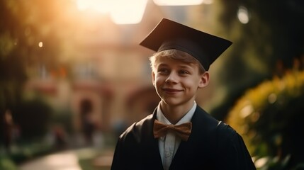 Closeup shot of a young smiling graduate standing at the sunny green academy yard 