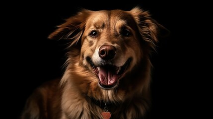 Medium shot of young dog looking at the camera with an open mouth in the black background