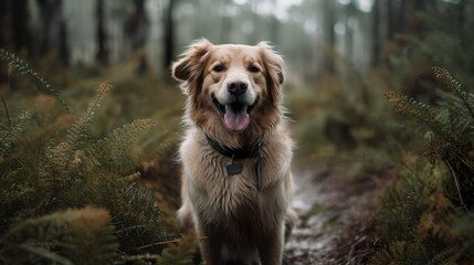 Portrait of a happy, young, active golden retriever breed dog standing and breathing in the forest, looking at the camera, walking in the natural environment during cloudy, rainy weather