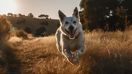 Happy dog running and jumping to the camera on a sunny day outdoors in the field and on sunset background 