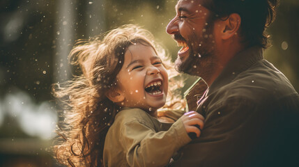 A heartwarming scene capturing the pure joy and connection between a happy girl and her loving father. - obrazy, fototapety, plakaty