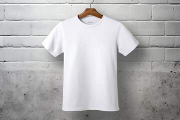 A blank white t-shirt in front of an urban gray wall. T-shirt mockup for presentation.