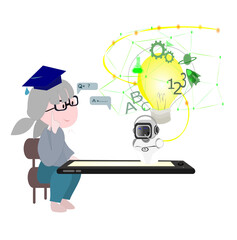 Png,Illustration cute cartoon girl learning with mobile.  characters chatting with robot, asking questions and receiving answers. AI assistant support and FAQ concept.Isolate white background.