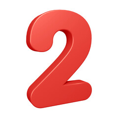 Red number 2 in 3d rendering for math, business and education concept 