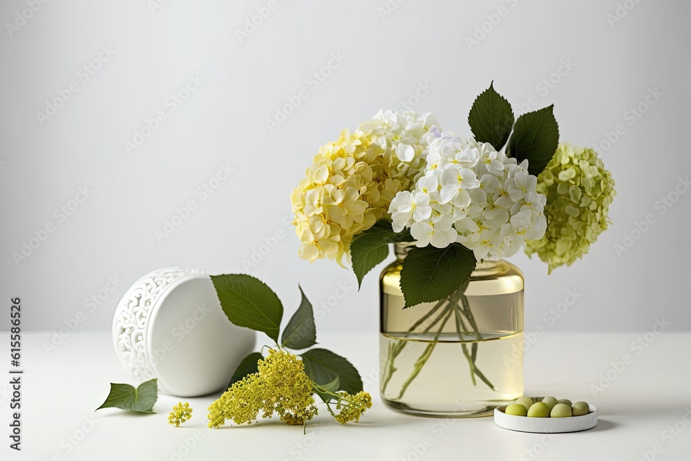 Wall mural vase filled with white and yellow flowers on a wooden table. Generative AI