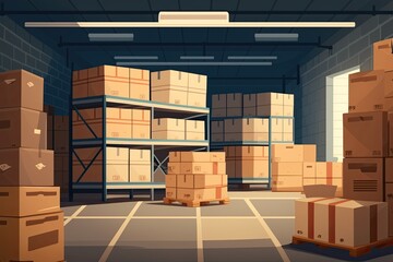 busy warehouse with many boxes and pallets. Generative AI