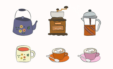 Set of coffee and tea elements collection. Coffee supplies icons. make coffee. French press, coffee makers, cup, pot, grinder, tea cup and teapot. object, accessory, style icons. Vector illustration.