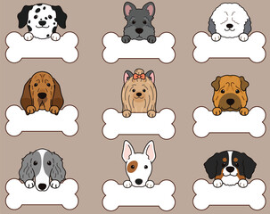 Set of outlined cute and simple dog heads with front paws holding a bone - obrazy, fototapety, plakaty
