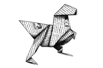 Bleistift Zeichnung von einem dekorativen Origami Dinosaurier aus Zeitung und Papier gebastelt