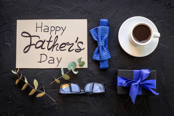 Greeting card concept flatlay for Happy Fathers day with male accessories