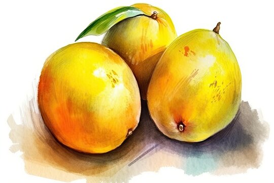 Illustration of three ripe mangoes on a blank white canvas