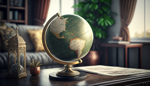 Modern home decor room table globe pictures AI Generated image