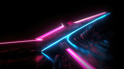 Abstract neon arrow turns right. Speed and technology concept. Glowing pink blue lines and bokeh lights.