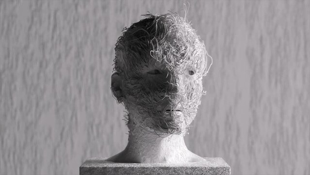 Antique concept. White plaster bust comes to life and turns its head, blinks and opens its mouth, white tangled threads