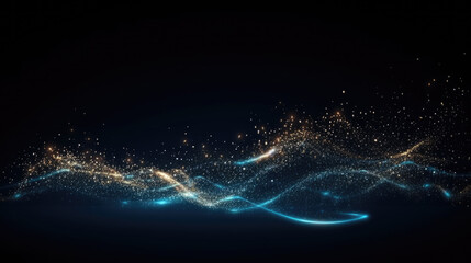 Glowing particles on dark blue background, flying glitter, technology abstract blurry banner design.