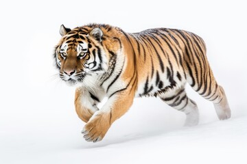Fototapeta na wymiar majestic tiger running through a snowy landscape in the wild