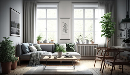 Scandinavian door plant living room interior design AI Generated image