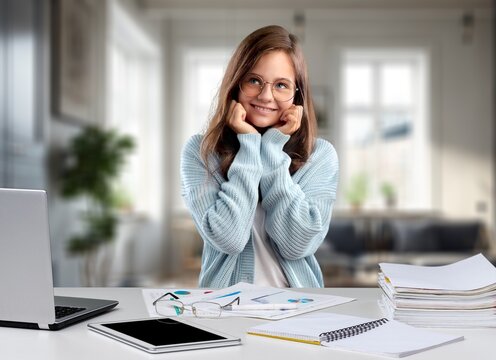 Young happy woman student using laptop in office, AI generated image
