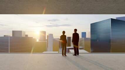 Business people in front of cityscape of skyscrapers 3d render
