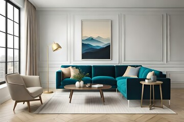 Naklejka na ściany i meble modern living room interior with fireplacegenerated by AI technology 