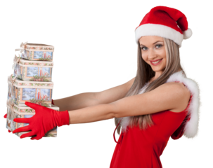 Pretty Santa Woman Giving Stack of Gifts - Isolated
