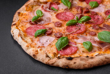 Delicious fresh oven baked pizza with salami, meat, cheese, tomatoes