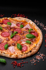 Delicious fresh oven baked pizza with salami, meat, cheese, tomatoes