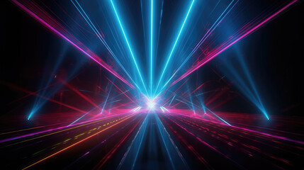 Digital illustration. Abstract neon background. Bright projector shining on the dark empty stage, glowing pink blue laser rays in the dark.