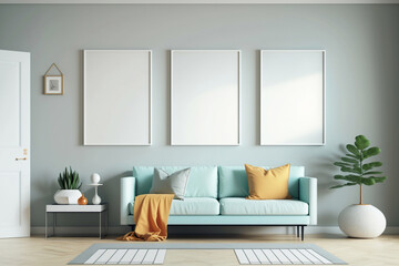Three empty frames hang above the sofa on the turquoise wall of the living room