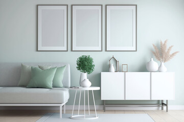 Three empty gray frames hang above the sofa on the turquoise wall of the living room