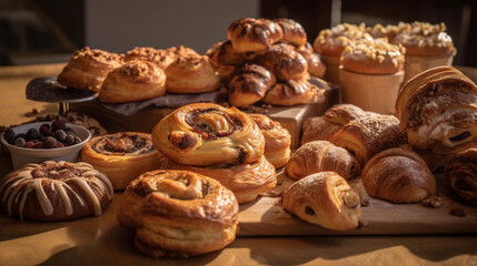 An assortment of freshly baked pastries, including croissants, cinnamon rolls, and pain au chocolat,